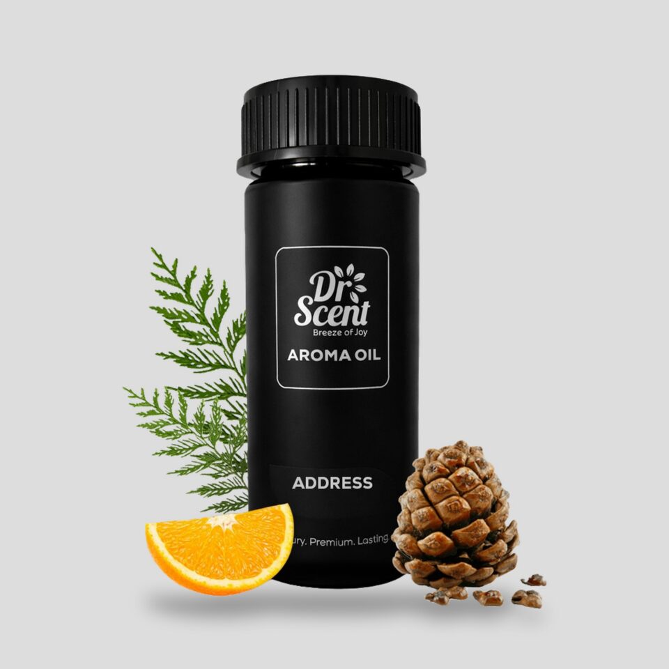 Address aroma oil 170 ml in a black PET bottle, with bergamot, citrus, velvet cedar, dry woods
