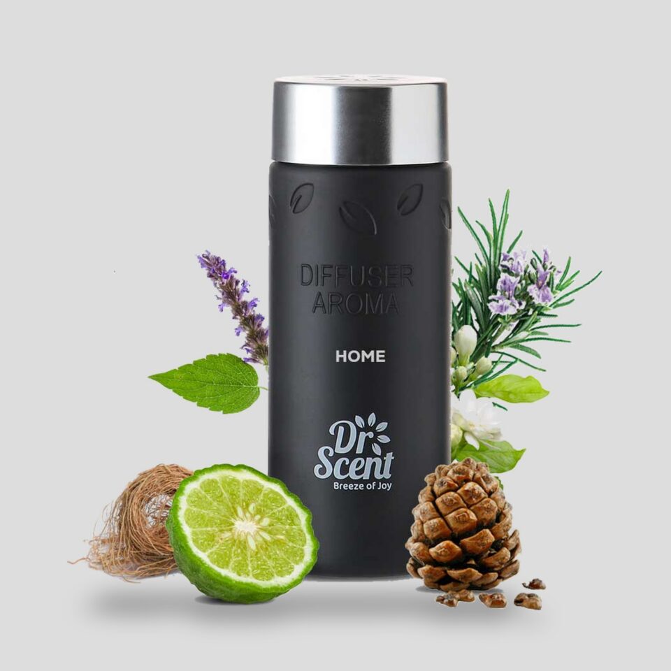 Home aroma oil 170 ml in a black bottle with silver cap, with rosemary, bergamot, jasmine, lily of the valley