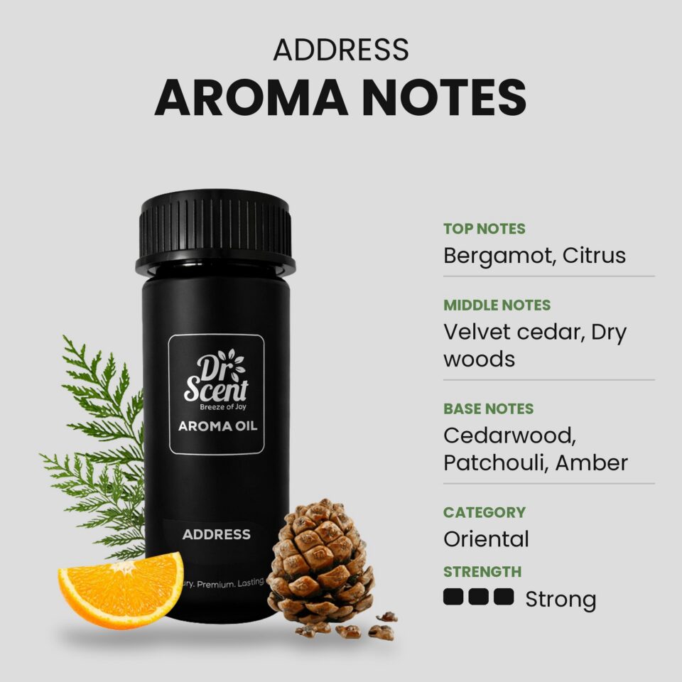 Address aroma oil scent notes. Top: Bergamot, Citrus. Middle: Velvet cedar, Dry woods. Base: Cedarwood, Patchouli, Amber. Category: Oriental. Strength: Strong