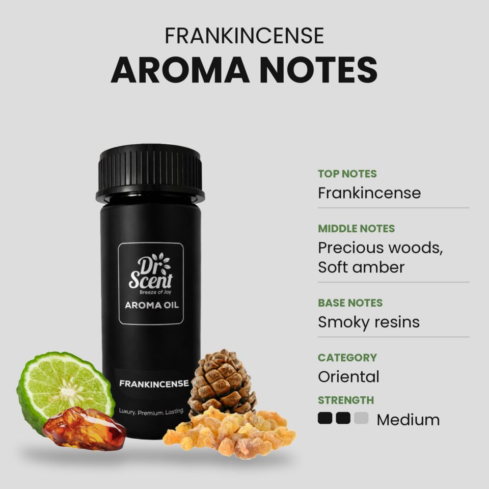 Frankincense aroma oil scent notes. Top: Frankincense. Middle: Precious woods, Soft amber. Base: Smoky resins. Category: Oriental. Strength: Medium