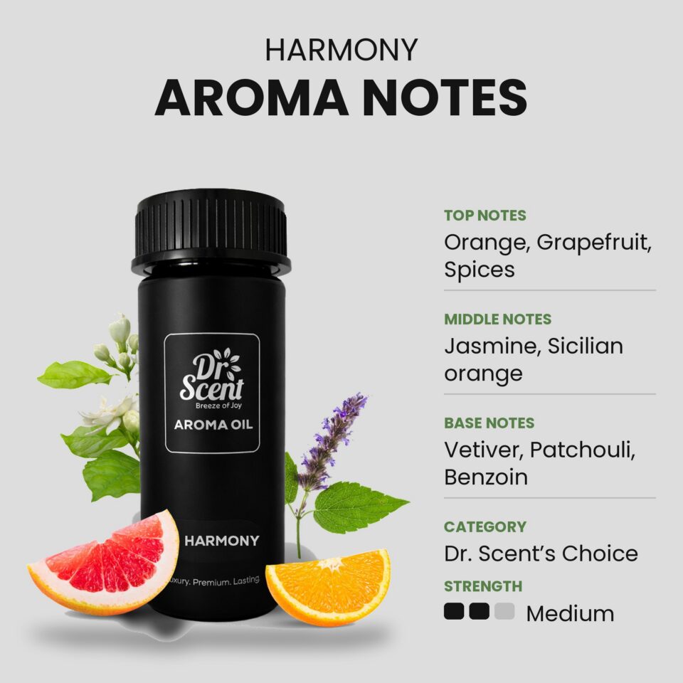 Harmony aroma oil scent notes. Top: Orange, Grapefruit, Spices. Middle: Jasmine, Sicilian orange. Base: Vetiver, Patchouli, Benzoin. Category: Dr. Scent’s Choice. Strength: Medium