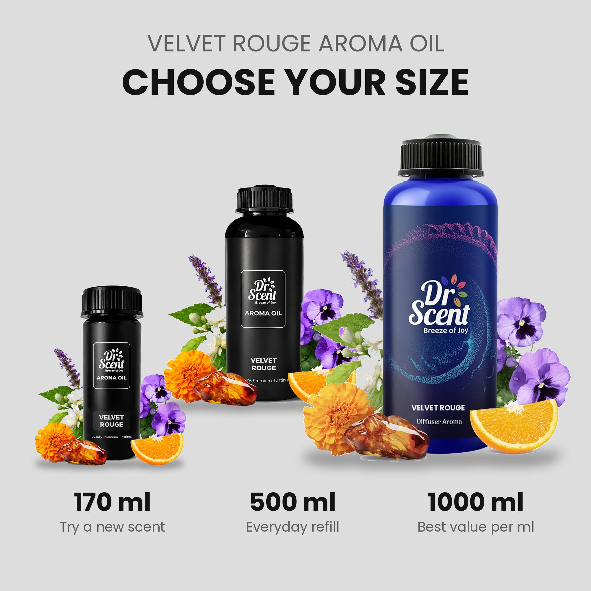 Velvet Rouge aroma oil in 170 ml, 500 ml and 1000 ml bottles shown side by side to scale