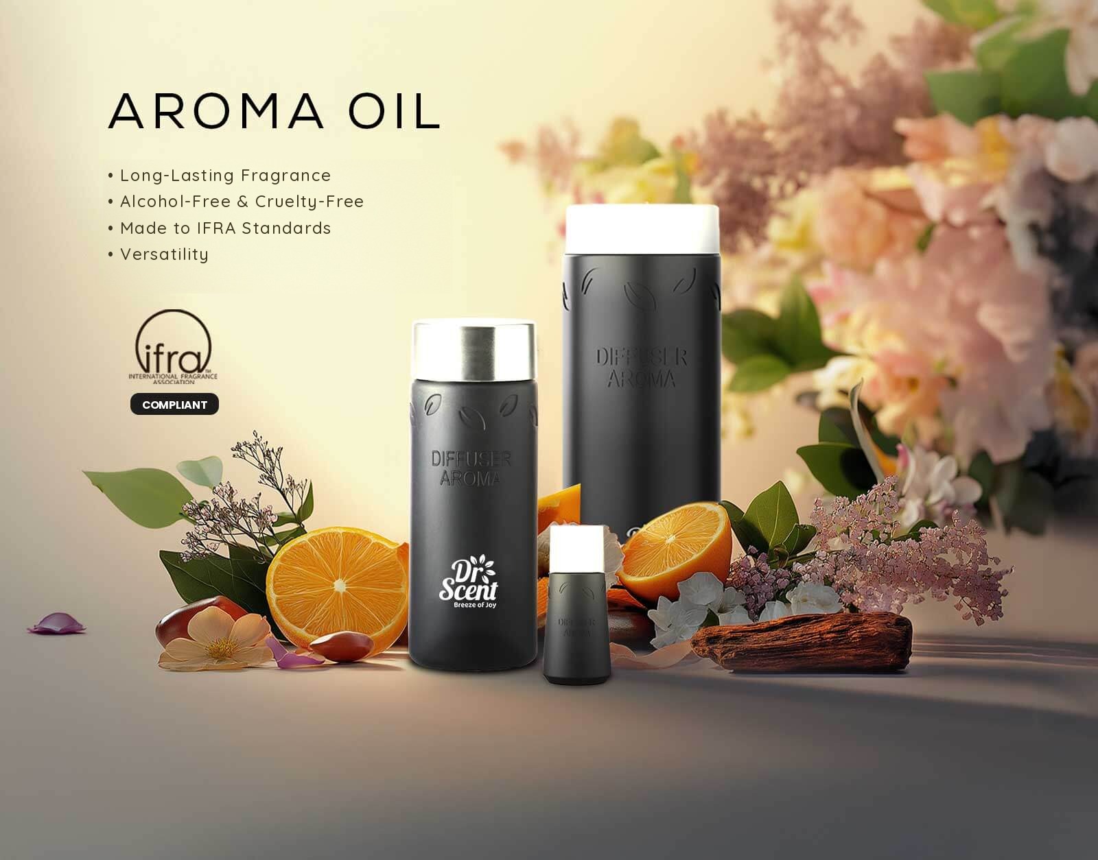 Dr Scent aroma oil bottles with orange, flowers and leaves. Text: Aroma Oil, long-lasting fragrance, alcohol-free and cruelty-free, made to IFRA Standards, versatility