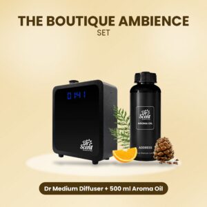 The Boutique Ambience Set: Dr Medium diffuser and a 500 ml aroma oil, shown together on a colourful background