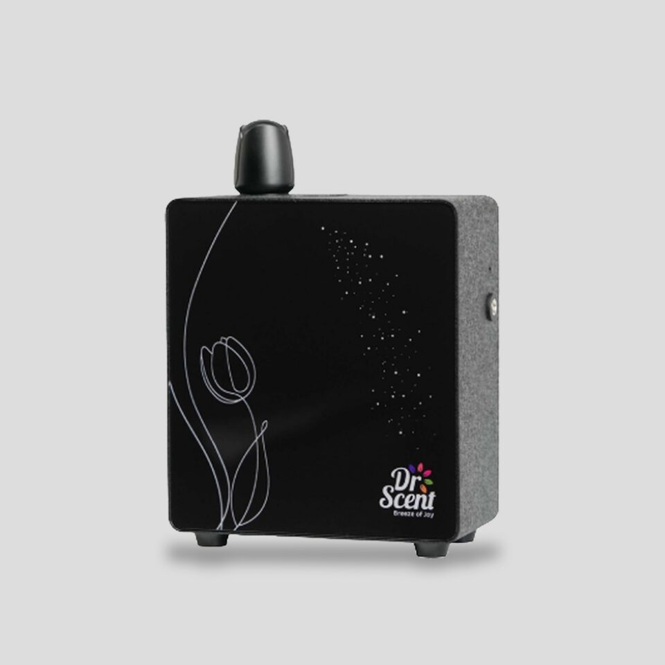Eco Tulip aroma diffuser in black with white tulip line art and tulip-shaped head