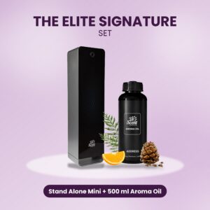 The Elite Signature Set: Stand Alone Mini diffuser and a 500 ml aroma oil, shown together on a colourful background