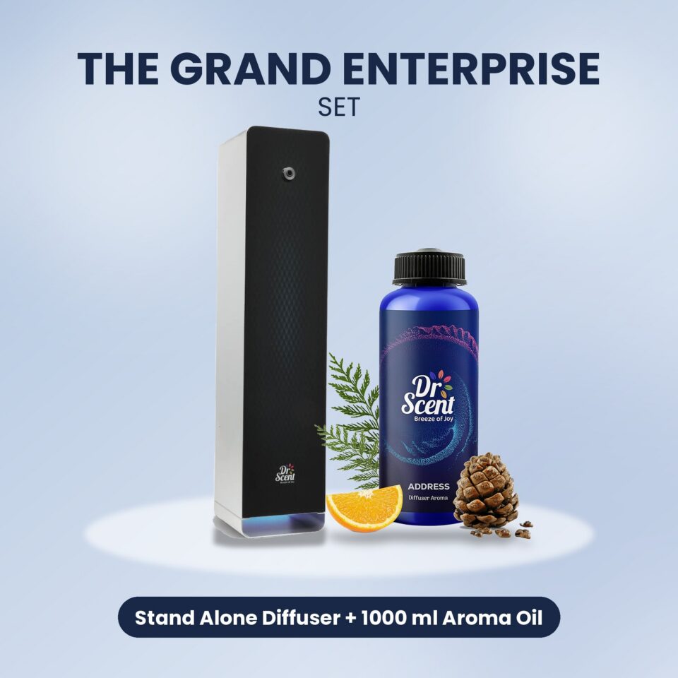 The Grand Enterprise Set: Stand Alone diffuser and a 1000 ml aroma oil, shown together on a colourful background