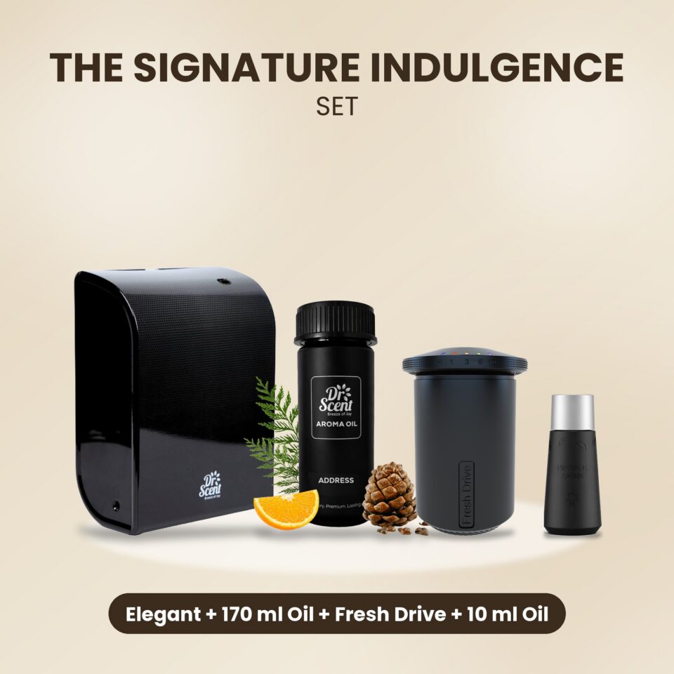 The Signature Indulgence: Elegant diffuser, 170 ml aroma oil, Fresh Drive car diffuser and 10 ml car oil