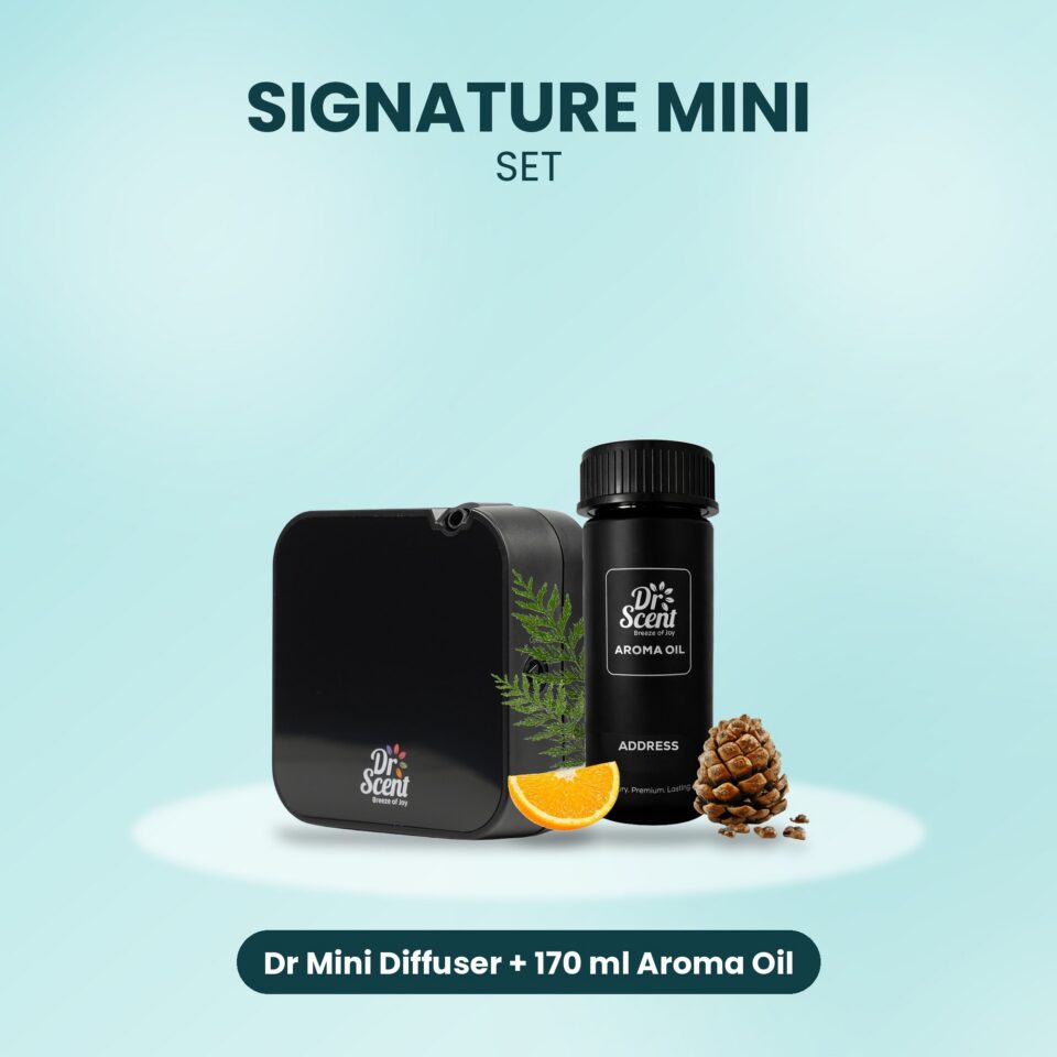 Signature Mini Set: Dr Mini diffuser and a 170 ml aroma oil, shown together on a colourful background